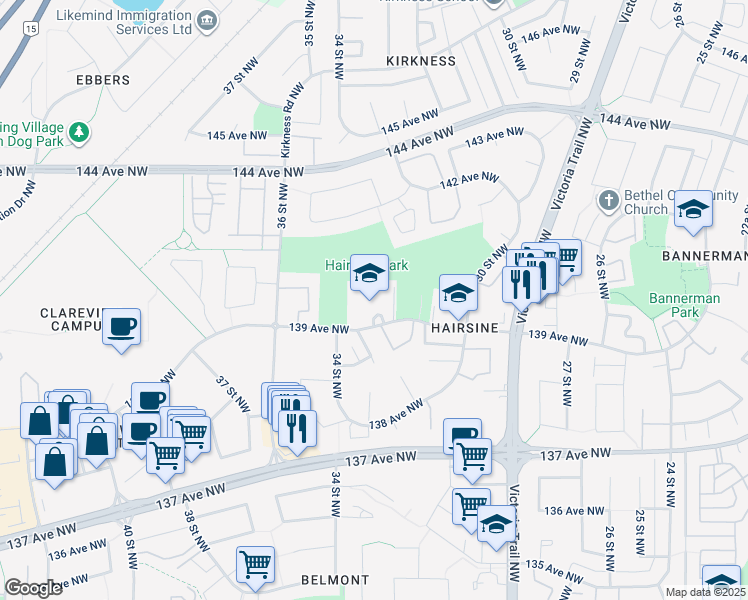 map of restaurants, bars, coffee shops, grocery stores, and more near 3150 139 Avenue Northwest in Edmonton