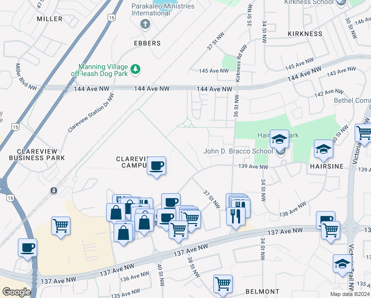 map of restaurants, bars, coffee shops, grocery stores, and more near 3640 139 Avenue Northwest in Edmonton