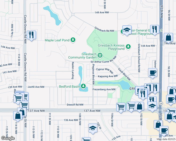 map of restaurants, bars, coffee shops, grocery stores, and more near 2560 Pegasus Boulevard Northwest in Edmonton