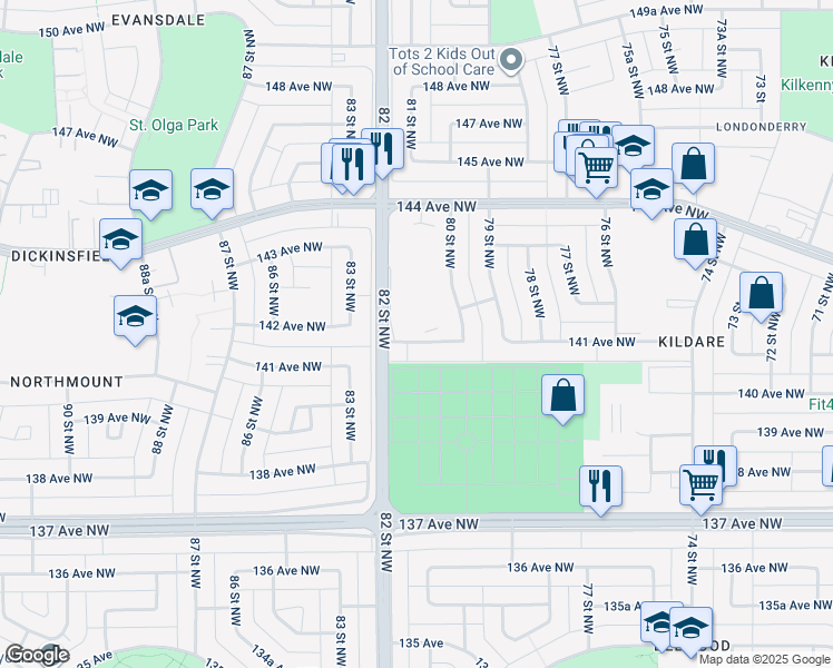 map of restaurants, bars, coffee shops, grocery stores, and more near 2 141 Avenue Northwest in Edmonton