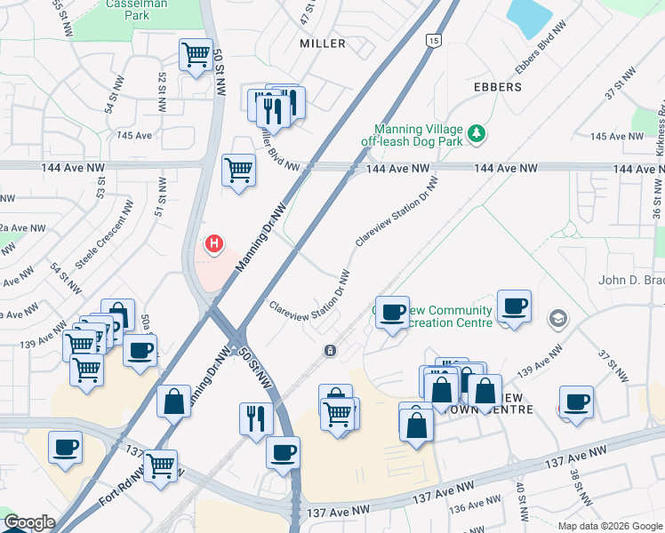 map of restaurants, bars, coffee shops, grocery stores, and more near 4244 142 Avenue Northwest in Edmonton