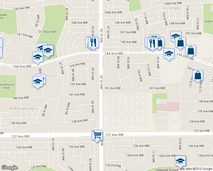 map of restaurants, bars, coffee shops, grocery stores, and more near 2 141 Avenue Northwest in Edmonton