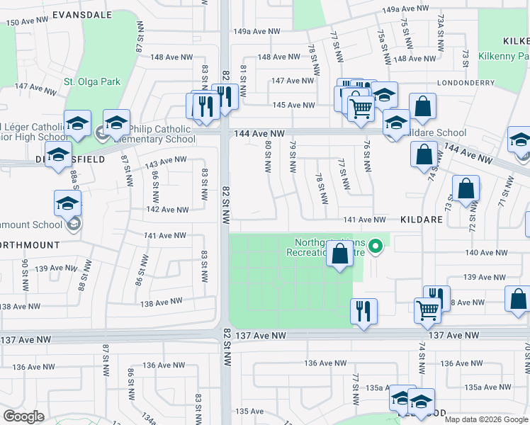 map of restaurants, bars, coffee shops, grocery stores, and more near 8010 141 Avenue Northwest in Edmonton