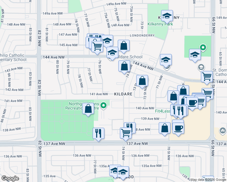 map of restaurants, bars, coffee shops, grocery stores, and more near 7424 141 Avenue Northwest in Edmonton
