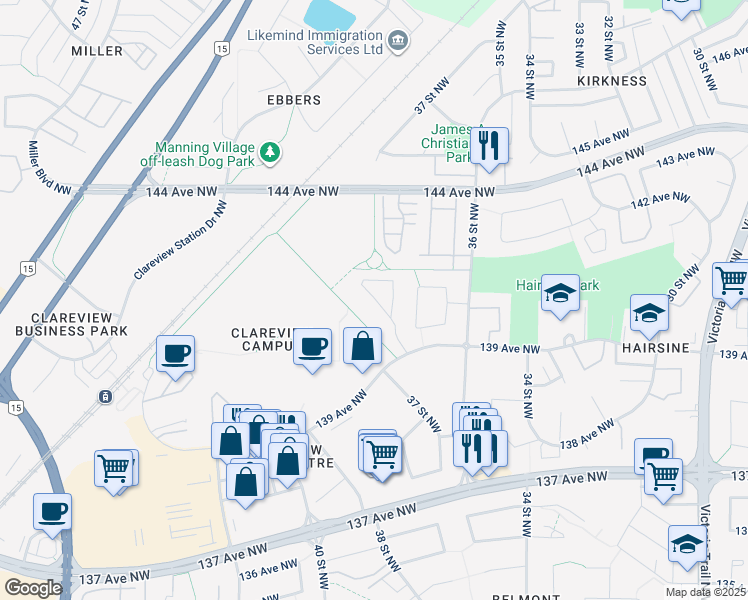 map of restaurants, bars, coffee shops, grocery stores, and more near 3640 139 Avenue Northwest in Edmonton