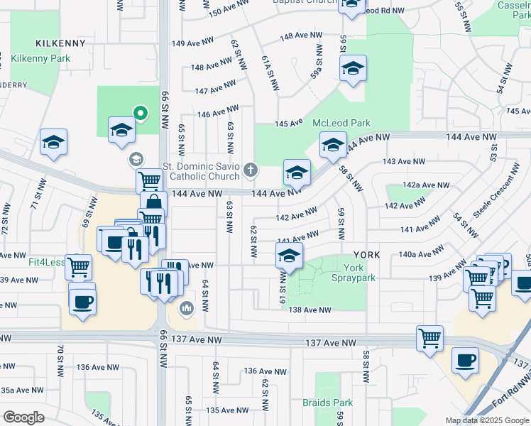 map of restaurants, bars, coffee shops, grocery stores, and more near 6116 142 Avenue Northwest in Edmonton