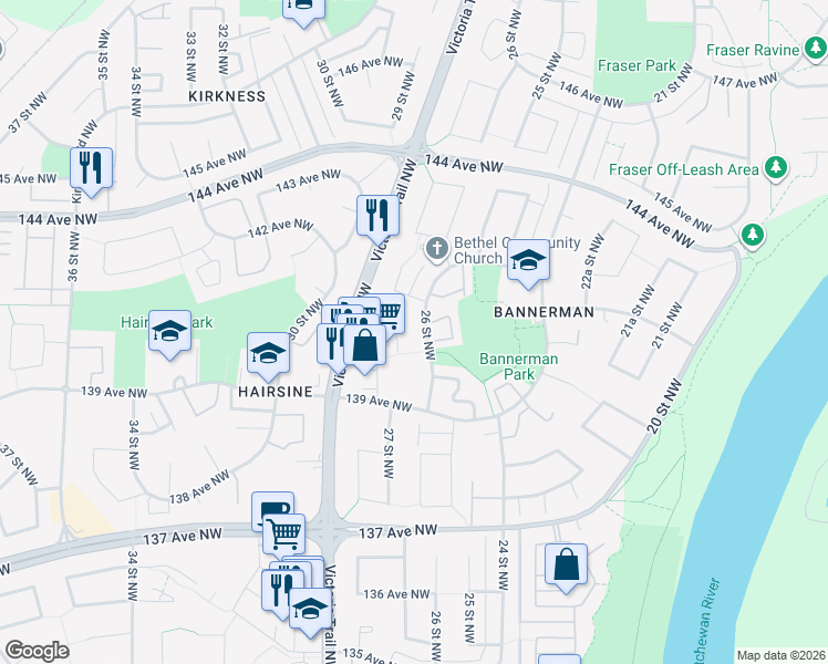 map of restaurants, bars, coffee shops, grocery stores, and more near 14083 Victoria Trail Northwest in Edmonton