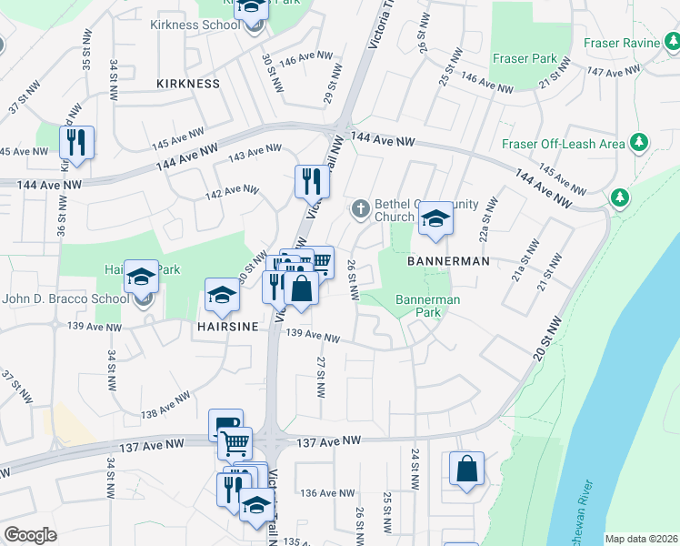 map of restaurants, bars, coffee shops, grocery stores, and more near 14083 Victoria Trail Northwest in Edmonton