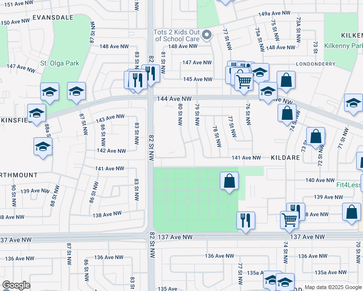 map of restaurants, bars, coffee shops, grocery stores, and more near 8010 141 Avenue Northwest in Edmonton