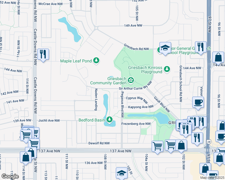 map of restaurants, bars, coffee shops, grocery stores, and more near 2560 Pegasus Boulevard Northwest in Edmonton