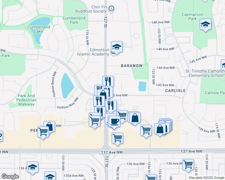 map of restaurants, bars, coffee shops, grocery stores, and more near in Edmonton