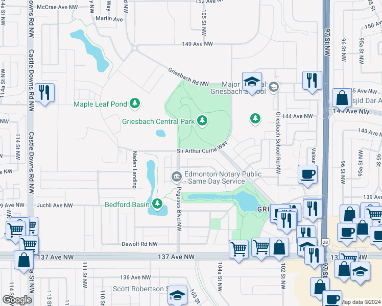 map of restaurants, bars, coffee shops, grocery stores, and more near 2689 Sir Arthur Currie Way in Edmonton