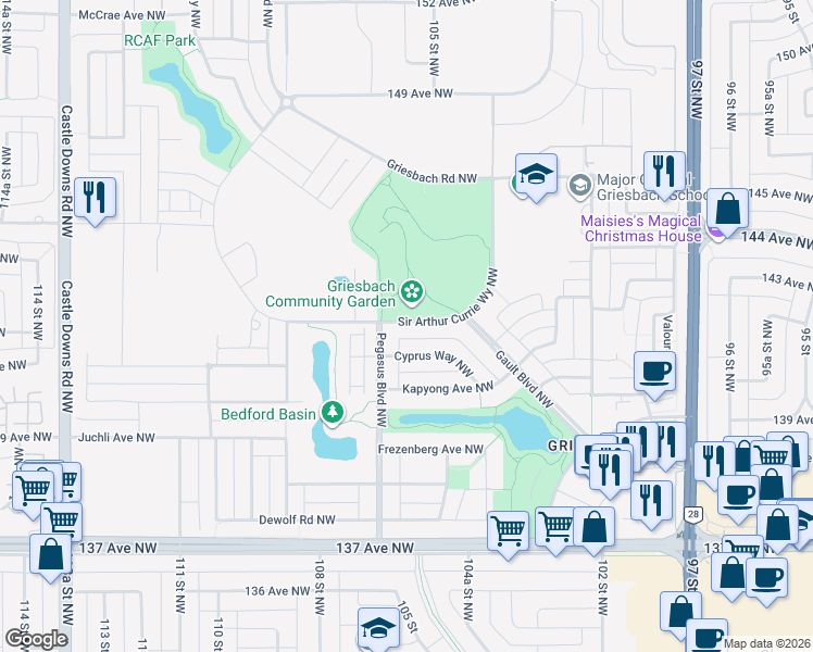 map of restaurants, bars, coffee shops, grocery stores, and more near 2689 Sir Arthur Currie Way in Edmonton
