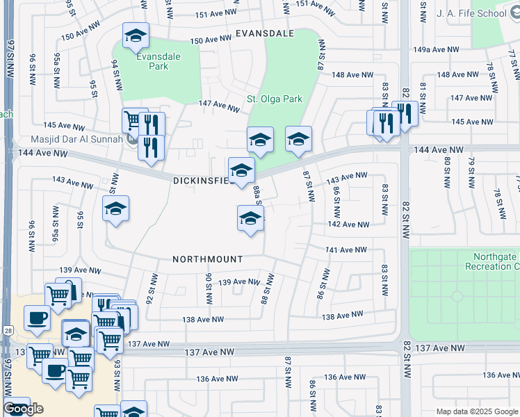 map of restaurants, bars, coffee shops, grocery stores, and more near 366 Northgate Terrace in Edmonton