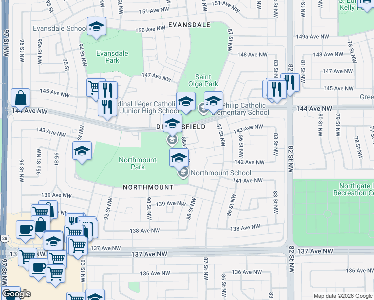 map of restaurants, bars, coffee shops, grocery stores, and more near 159 Mayfair Mews in Edmonton