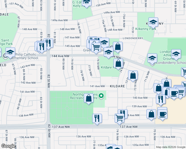 map of restaurants, bars, coffee shops, grocery stores, and more near 14227 77 Street Northwest in Edmonton