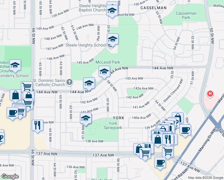 map of restaurants, bars, coffee shops, grocery stores, and more near 14313 58 Street Northwest in Edmonton