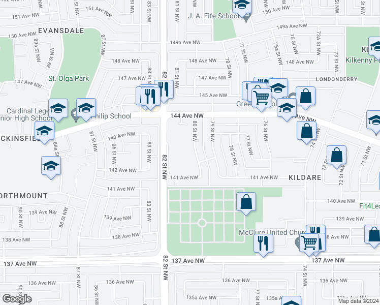 map of restaurants, bars, coffee shops, grocery stores, and more near 14223 80 Street Northwest in Edmonton
