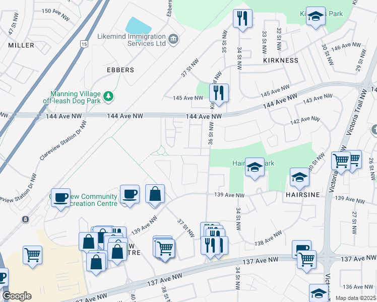 map of restaurants, bars, coffee shops, grocery stores, and more near 14208 36 Street Northwest in Edmonton
