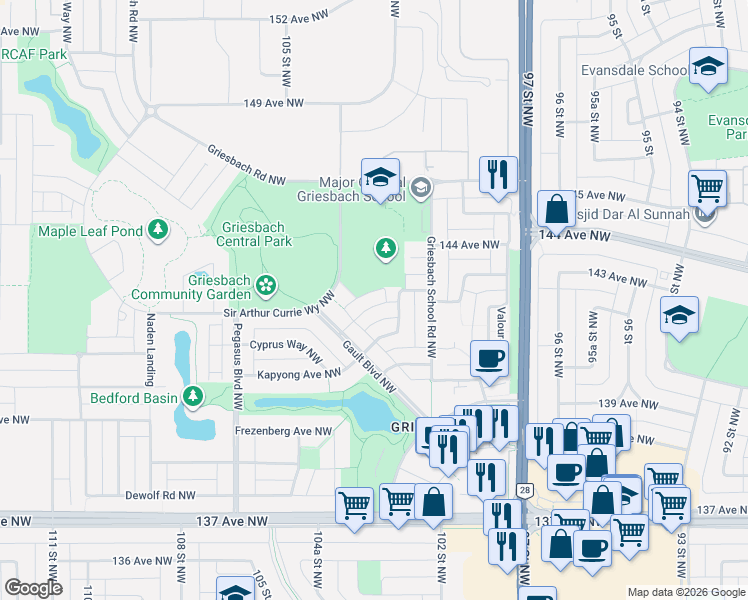 map of restaurants, bars, coffee shops, grocery stores, and more near 1614 Kerr Road Northwest in Edmonton
