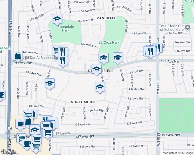 map of restaurants, bars, coffee shops, grocery stores, and more near 14320 88A Street Northwest in Edmonton