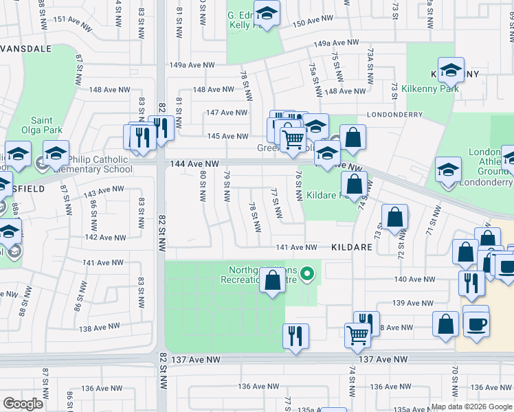 map of restaurants, bars, coffee shops, grocery stores, and more near 14219 78 Street Northwest in Edmonton