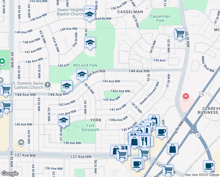 map of restaurants, bars, coffee shops, grocery stores, and more near 5608 142A Avenue Northwest in Edmonton