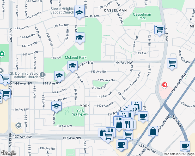 map of restaurants, bars, coffee shops, grocery stores, and more near 5608 142A Avenue Northwest in Edmonton