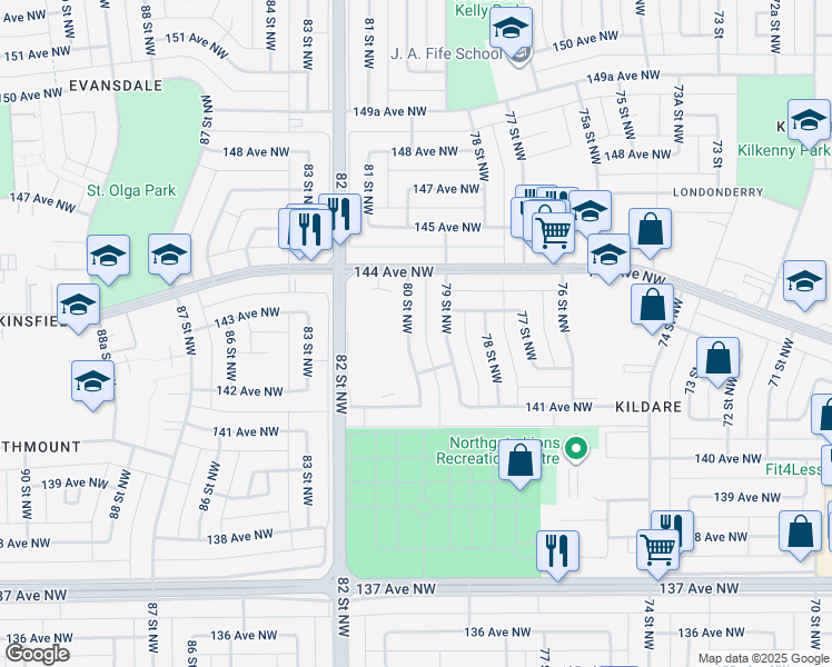 map of restaurants, bars, coffee shops, grocery stores, and more near 14223 80 Street Northwest in Edmonton