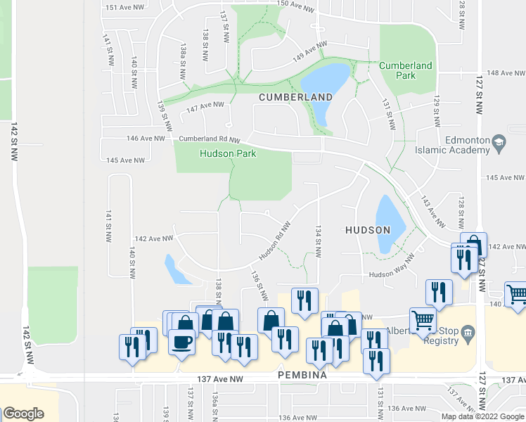 map of restaurants, bars, coffee shops, grocery stores, and more near 13550 141A Avenue Northwest in Edmonton