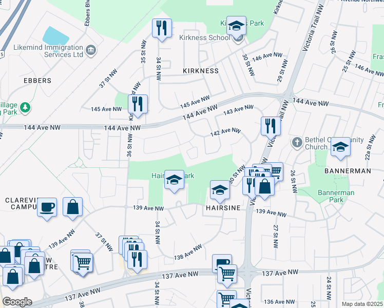 map of restaurants, bars, coffee shops, grocery stores, and more near 3225 142 Avenue Northwest in Edmonton