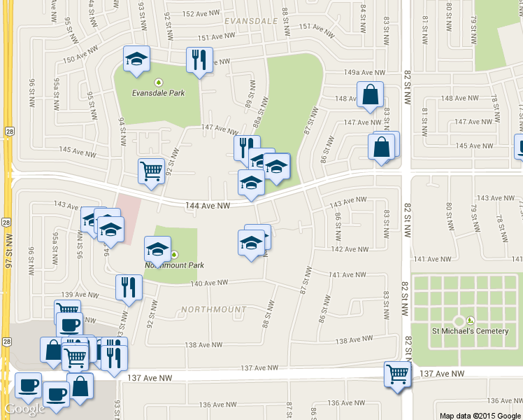 map of restaurants, bars, coffee shops, grocery stores, and more near 159 Mayfair Mews in Edmonton