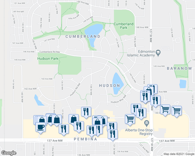 map of restaurants, bars, coffee shops, grocery stores, and more near 13023 141C Avenue Northwest in Edmonton