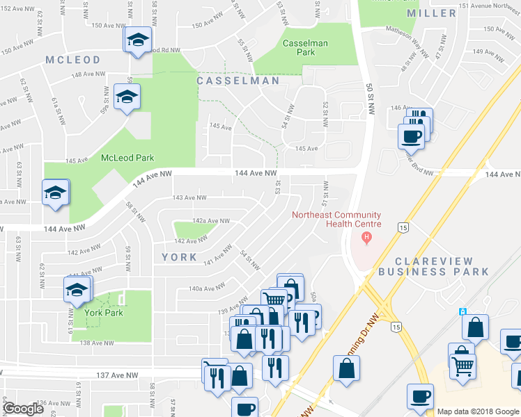 map of restaurants, bars, coffee shops, grocery stores, and more near 5303 143 Avenue Northwest in Edmonton