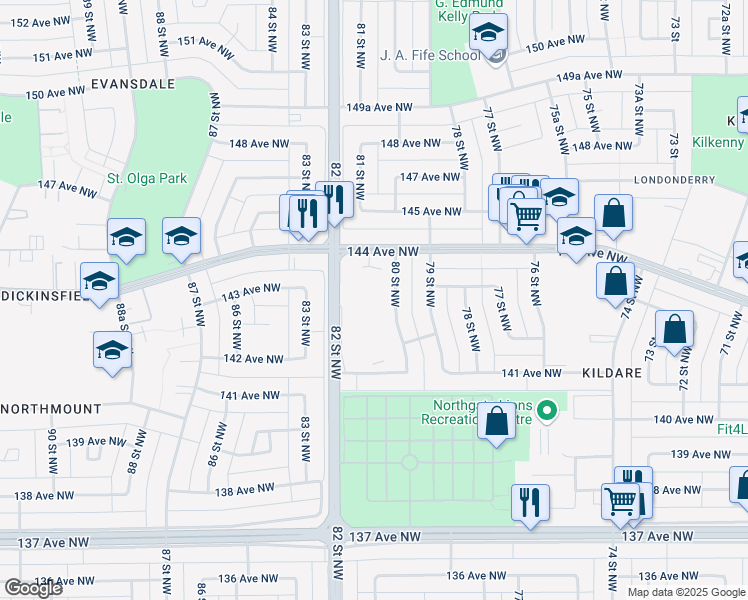 map of restaurants, bars, coffee shops, grocery stores, and more near 14250 80 Street Northwest in Edmonton