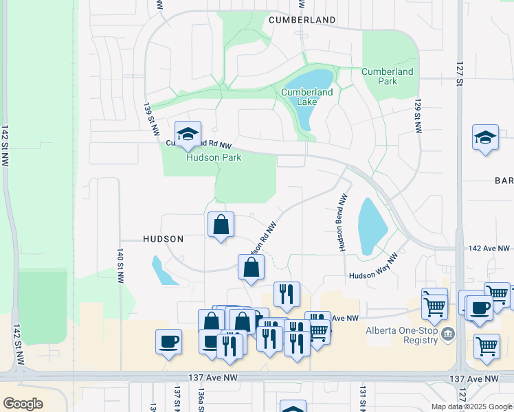 map of restaurants, bars, coffee shops, grocery stores, and more near 13550 141A Avenue Northwest in Edmonton