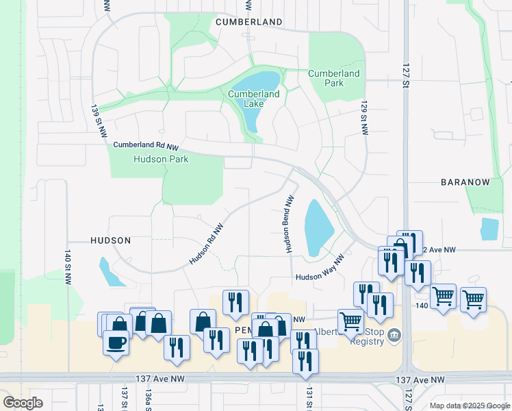 map of restaurants, bars, coffee shops, grocery stores, and more near 13023 141C Avenue Northwest in Edmonton