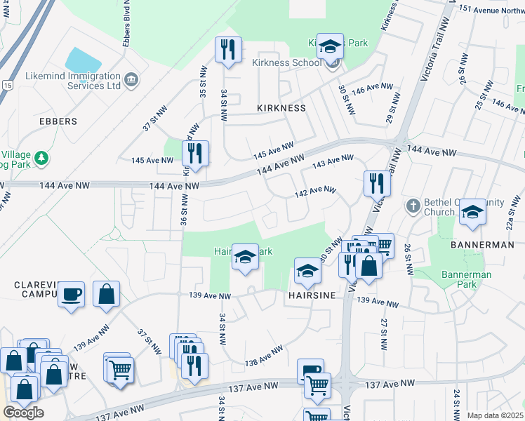 map of restaurants, bars, coffee shops, grocery stores, and more near 3225 142 Avenue Northwest in Edmonton