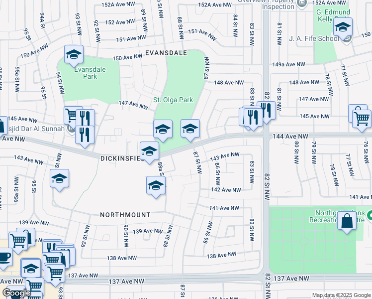 map of restaurants, bars, coffee shops, grocery stores, and more near 88 144 Avenue Northwest in Edmonton