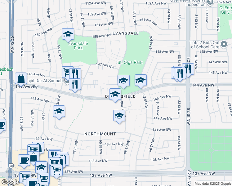 map of restaurants, bars, coffee shops, grocery stores, and more near 14320 88A Street Northwest in Edmonton