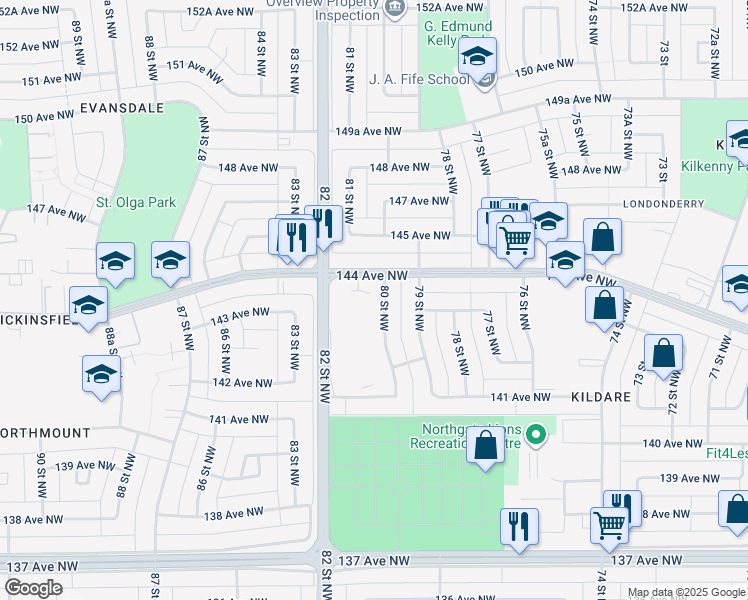 map of restaurants, bars, coffee shops, grocery stores, and more near 14320 80 Street Northwest in Edmonton