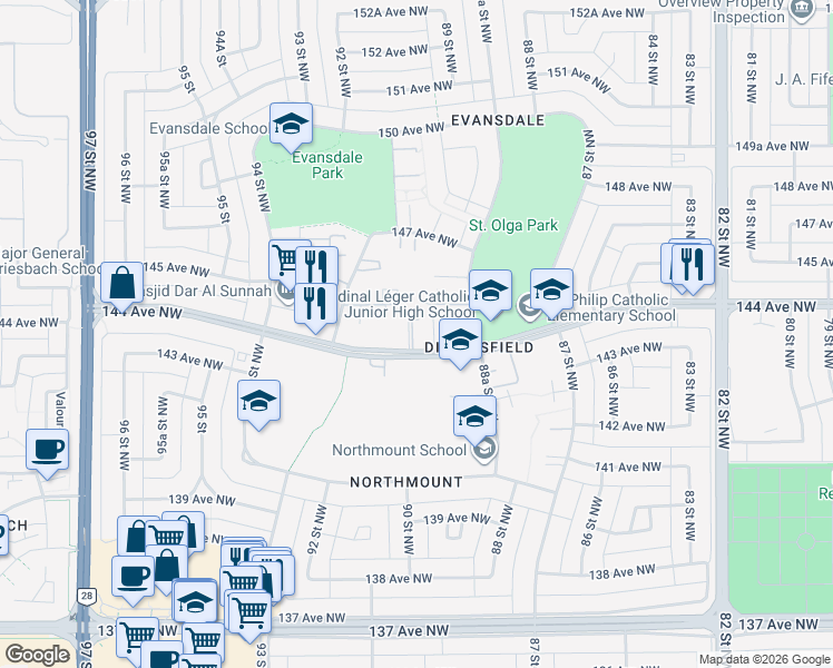 map of restaurants, bars, coffee shops, grocery stores, and more near 9010 144 Avenue Northwest in Edmonton