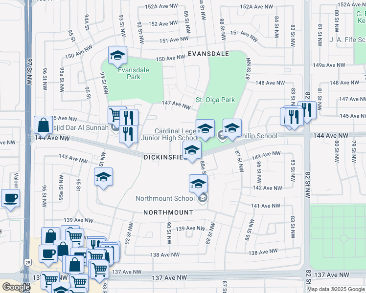 map of restaurants, bars, coffee shops, grocery stores, and more near 8908 144 Avenue Northwest in Edmonton