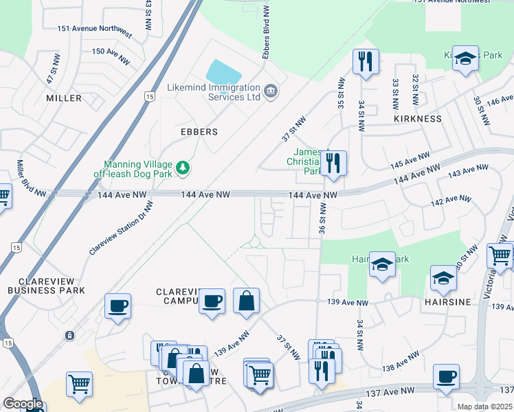 map of restaurants, bars, coffee shops, grocery stores, and more near 3625 144 Avenue Northwest in Edmonton