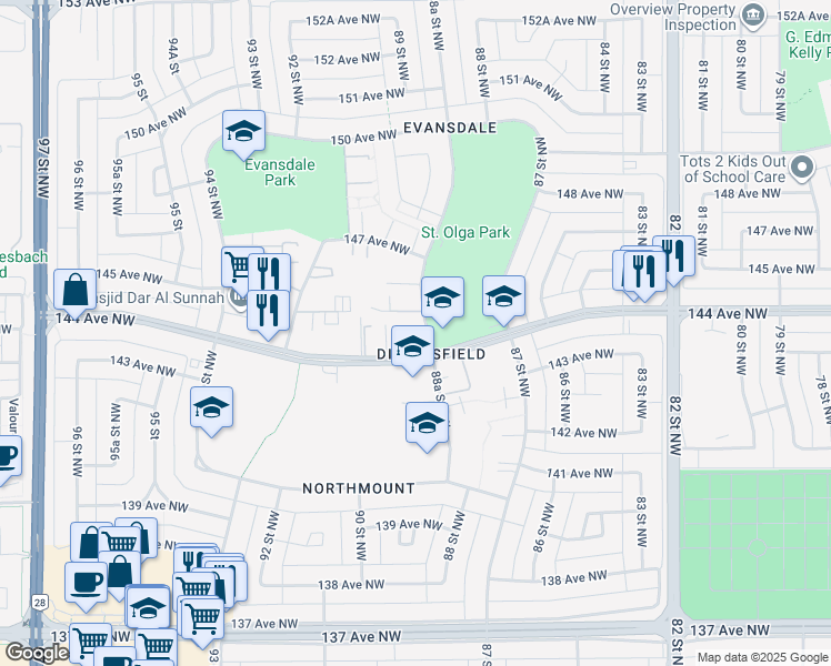 map of restaurants, bars, coffee shops, grocery stores, and more near 14420 88A Street Northwest in Edmonton