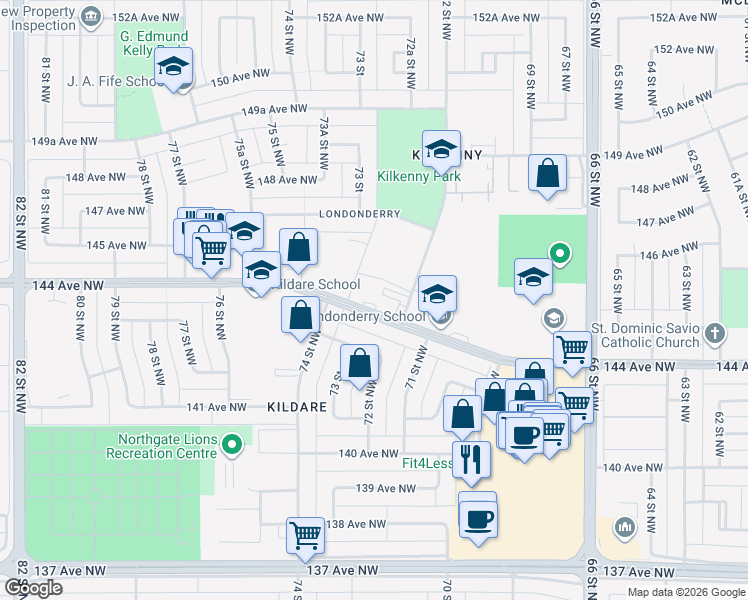 map of restaurants, bars, coffee shops, grocery stores, and more near 7220 144 Avenue Northwest in Edmonton