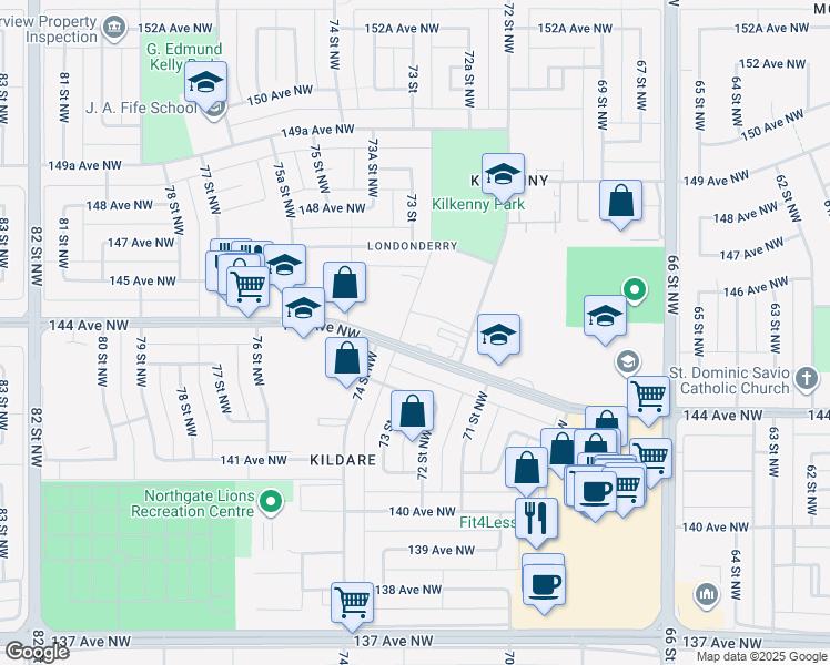 map of restaurants, bars, coffee shops, grocery stores, and more near 7220 144 Avenue Northwest in Edmonton