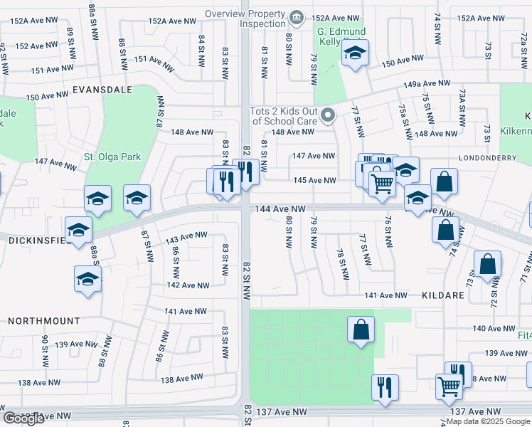 map of restaurants, bars, coffee shops, grocery stores, and more near in Edmonton