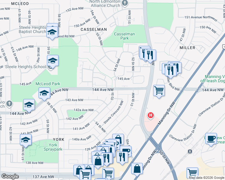 map of restaurants, bars, coffee shops, grocery stores, and more near 16818 53 Street Northwest in Edmonton