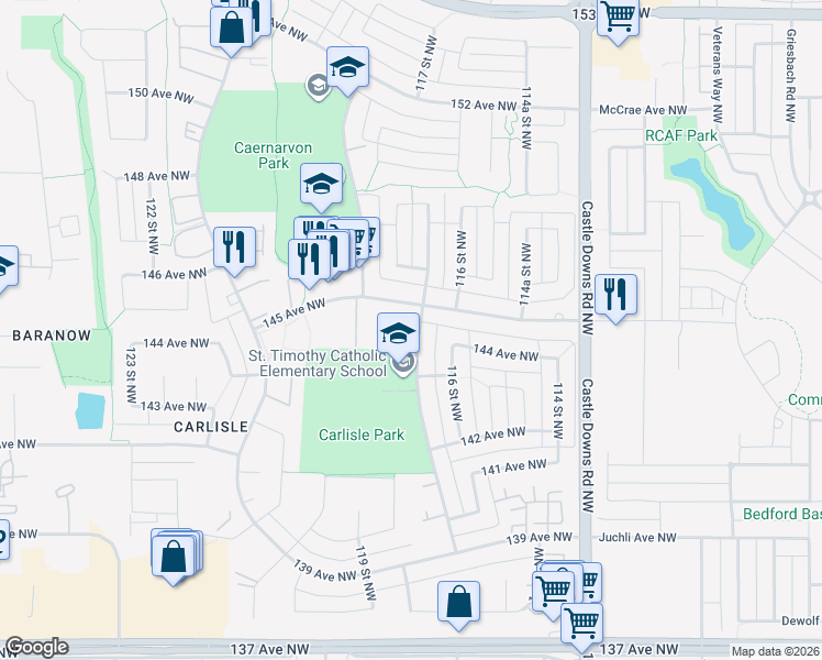 map of restaurants, bars, coffee shops, grocery stores, and more near 14407 117 Street Northwest in Edmonton